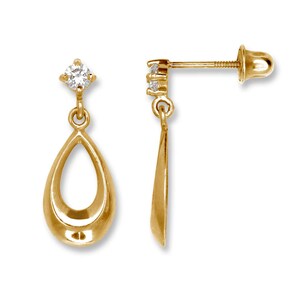 May include: A pair of gold teardrop earrings with a single clear gemstone at the top of each earring.