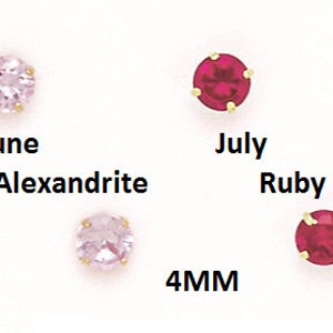 May include: A set of 10 birthstone earrings, each featuring a 4mm round gemstone. The earrings are arranged in a row, with each stone representing a different month of the year. The stones are emerald, alexandrite, ruby, peridot, sapphire, opal, topaz, amethyst, garnet, and diamond.