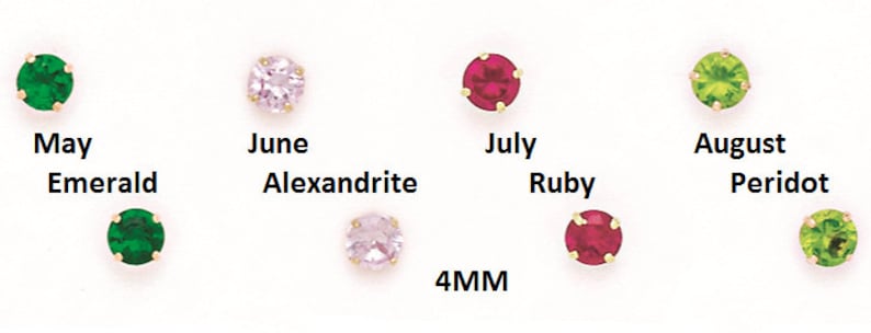 May include: A set of 10 birthstone earrings, each featuring a 4mm round gemstone. The earrings are arranged in a row, with each stone representing a different month of the year. The stones are emerald, alexandrite, ruby, peridot, sapphire, opal, topaz, amethyst, garnet, and diamond.