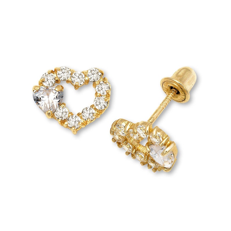 Open Heart Pave Set Ruby Child Stud Earrings Screw Back 14K Yellow Gold 6mm