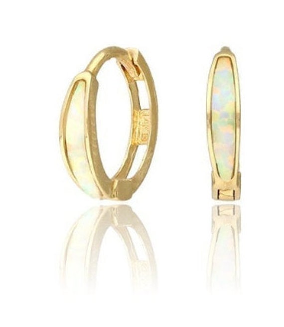 14K Pure Solid Gold Opal Huggie Earrings Cute Huggie Etsy