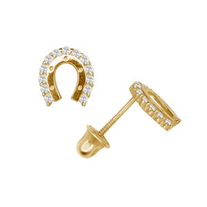 14K Solid Gold Horseshoe Stud Earrings | Screwback Horseshoe Studs | 14K Gold Studs | Goodluck Stud Earrings