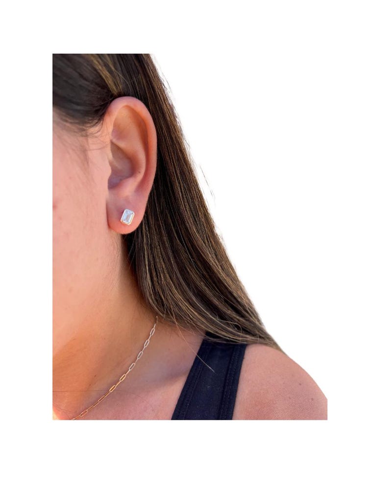 14K Gold Bezel Emerald Cut Moissanite Stud Earrings image 2