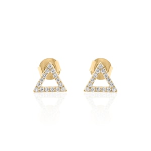 14K Solid Gold Triangle Diamond Earrings | Pave Diamond Triangle Stud | Gold Triangle Studs