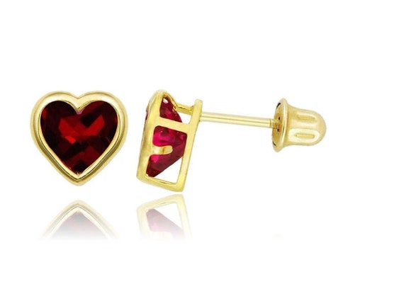 14K Solid Gold Heart Shaped Birthstone Earrings Screw Back Bezel
