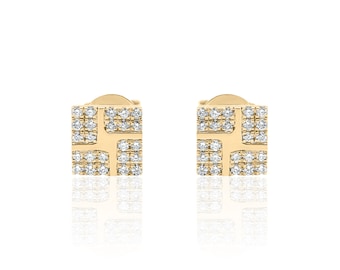 14K Solid Gold Square Diamond Stud Earrings | Princess Cut