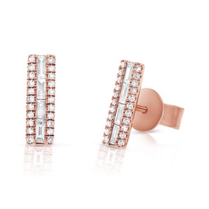 READY TO SHIP 14K Yellow Solid Gold Trendy Triple Diamond Bar Studs With Baguettes | Natural Diamonds