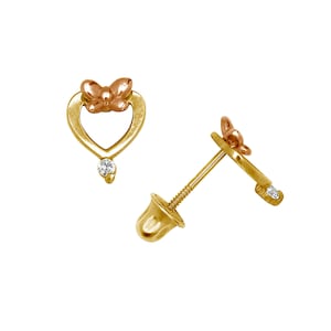 14K Gold Tiny Heart Stud Orecchini Set con fiocco e CZ - Mini Heart Studs- Gold Heart Stacking Orecchini- Cute Girl Heart Studs