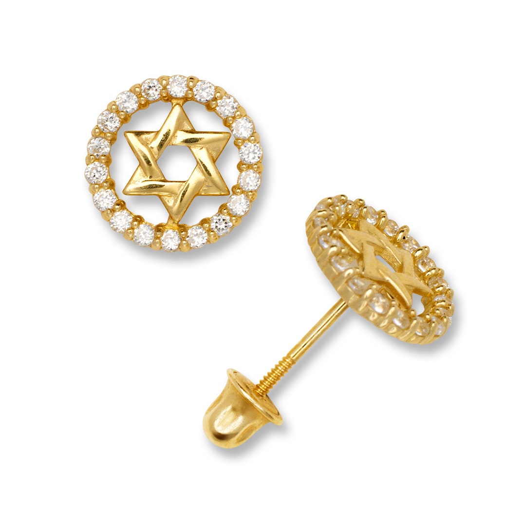 14K Solid Gold Jewish Star Stud Earrings Halo Magen David Jewish Star