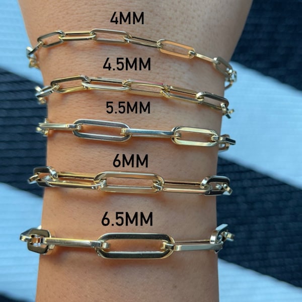 14Kソリッドゴールドペーパークリップブレスレット｜調節可能なユニセックスチェーン