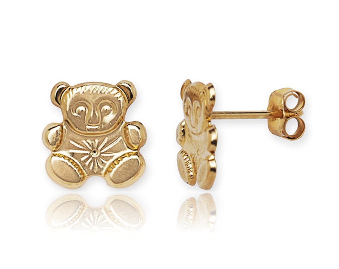 14K Solid Gold Adorable Teddy Bear Stud Earrings Teddy Bear Stamp