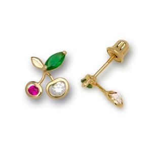 May include: Gold cherry earrings with a green leaf, a white stone, and a pink stone.