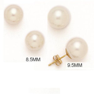 May include: Four ivory-colored pearl stud earrings. Two pearls are 8.5mm in diameter, and one earring is shown with a gold post and a 9.5mm pearl. The earrings are displayed on a white background.