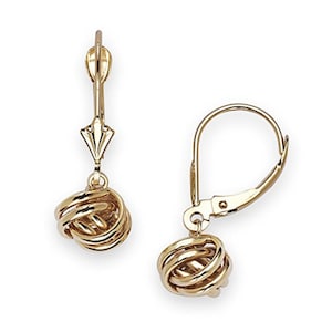 14K Pure Solid White/Yellow Gold Love Knot Dangle Drop Leverback Earrings (Available in Multiple Sizes) #S97050