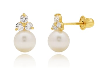 Classy 14K Solid Gold Genuine Freshwater Pearl Earrings- 5mm Screwback Pearl Earrings - 14K Genuine Pearls Studs- White Genuine Pearl