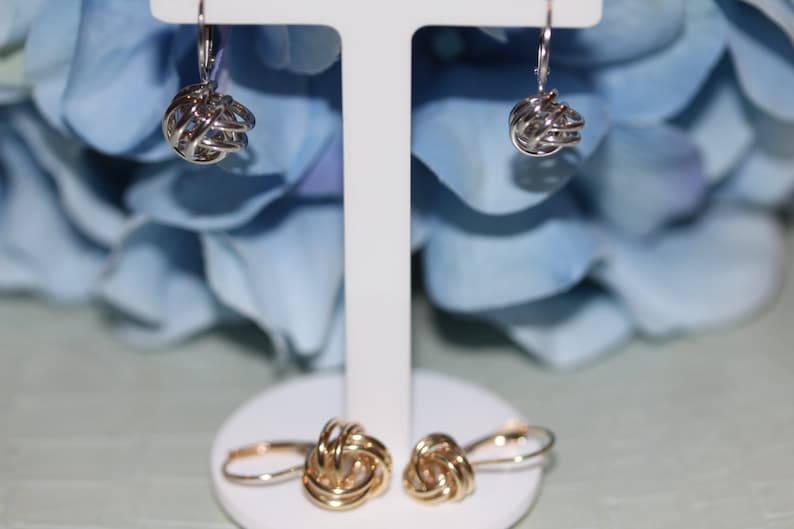 14K Pure Solid White/Yellow Gold Knot Dangle Drop Leverback Earrings (Available in Multiple Sizes) image 5