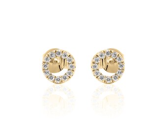 Aretes de diamantes con halo de oro macizo de 14 quilates / Aretes circulares de diamantes pavé / Aretes circulares de diamantes naturales /