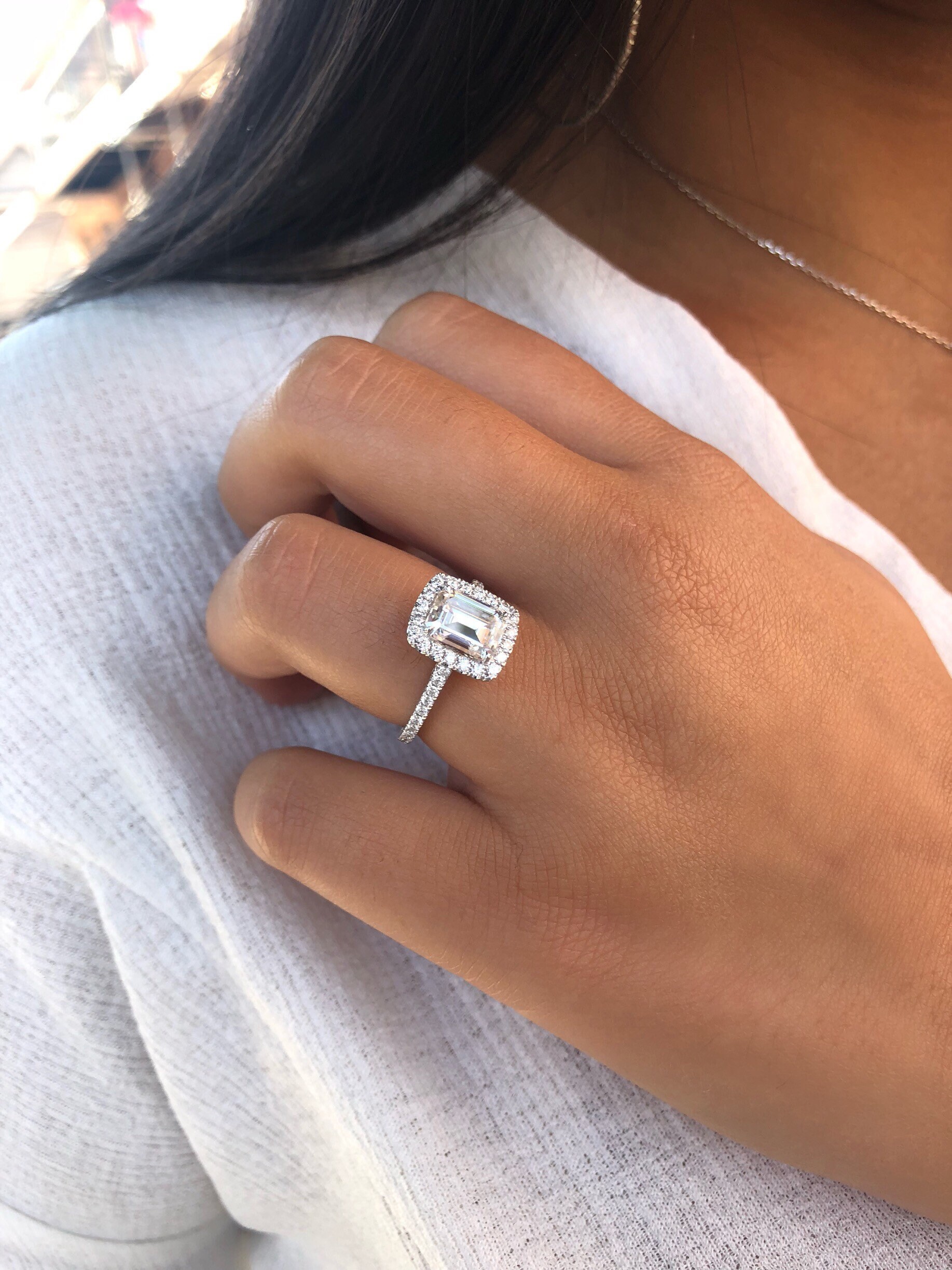 Emerald Cut Charles Colvard Moissanite Engagement Ring Emerald Cut Halo Ring Halo Diamond Cathedral Ring 1.75 CTS Colorless Moissannite Etsy UK