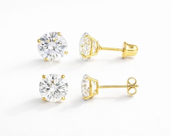 14K Solid Gold Moissanite Stud Earrings | 4-Prong Solitaire