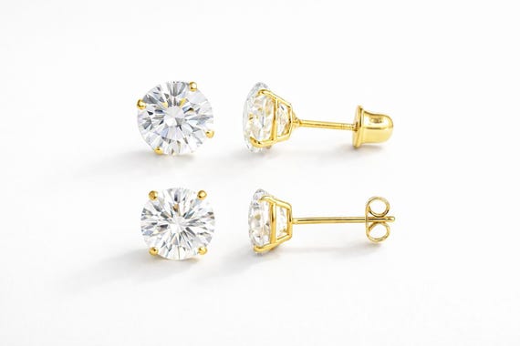 14K Solid Gold Moissanite Stud Earrings | 4-Prong Solitaire