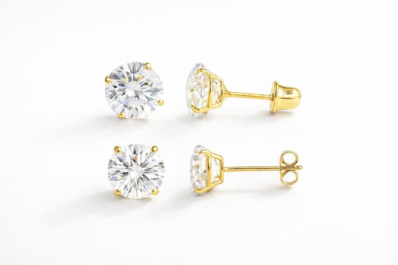 14K Solid Gold Moissanite Stud Earrings | 4-Prong Solitaire image 1