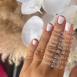 May include: A hand model wearing clear nail polish displays a size comparison of round, clear diamonds. The diamonds are arranged in a row on each finger, with the size increasing from left to right. The size of each diamond is labeled in millimeters and carats.
