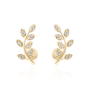 14K Solid Gold Leaf Stud Earrings | Diamond Pave Leaf Ear Climber | Elegant Diamond Leaf Ear Climber |Single Or Pair