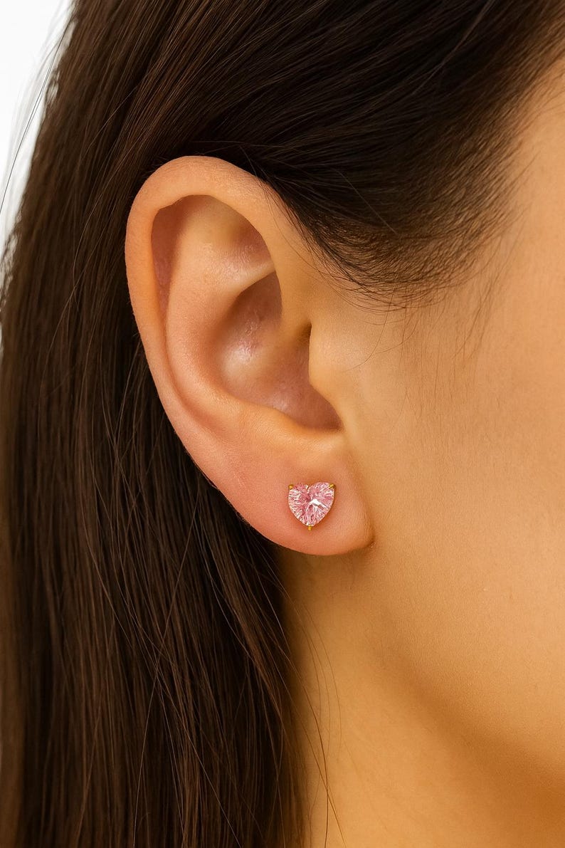 14K Pure Solid White/Yellow Gold Light Pink Heart Shaped Basket Set Earrings. CZ Screw Backs (Multiple Sizes) Free shipping. Bridesmaids39 image 2