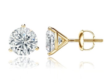 14K Solid Gold Solitaire 3 Prong Heavy Martini Setting Studs | Screwback Martini Studs | .50ct | .84ct | 1.3ct | 2.0ct