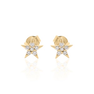 14K Solid Gold Star Diamond Earrings | Pave Diamond Star Earrings | Natural Diamond Star Studs