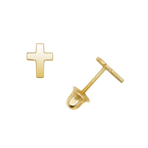 14K Solid Yellow And White Gold Cross -Stacking Earring-  Delicate Tiny Cross -Screwbacks Earrings. 5.5mm Length- Single Or Pair