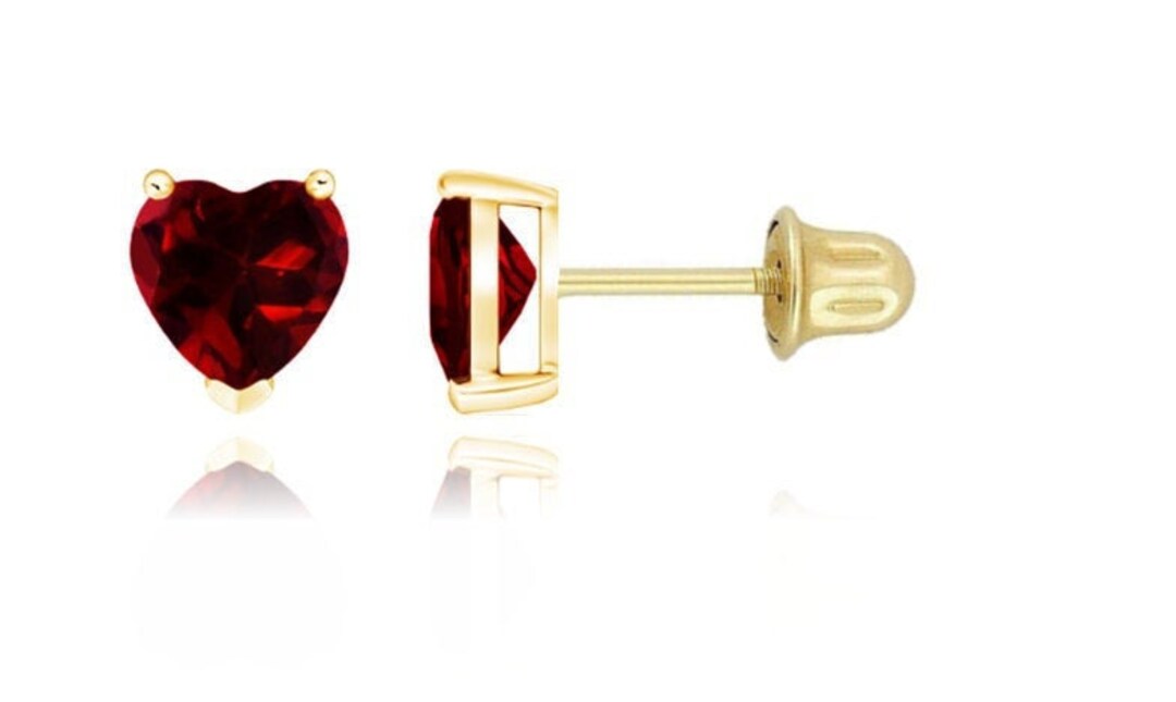 14K Gold Heart Birthstone Stud Earrings: Secured Screw Back