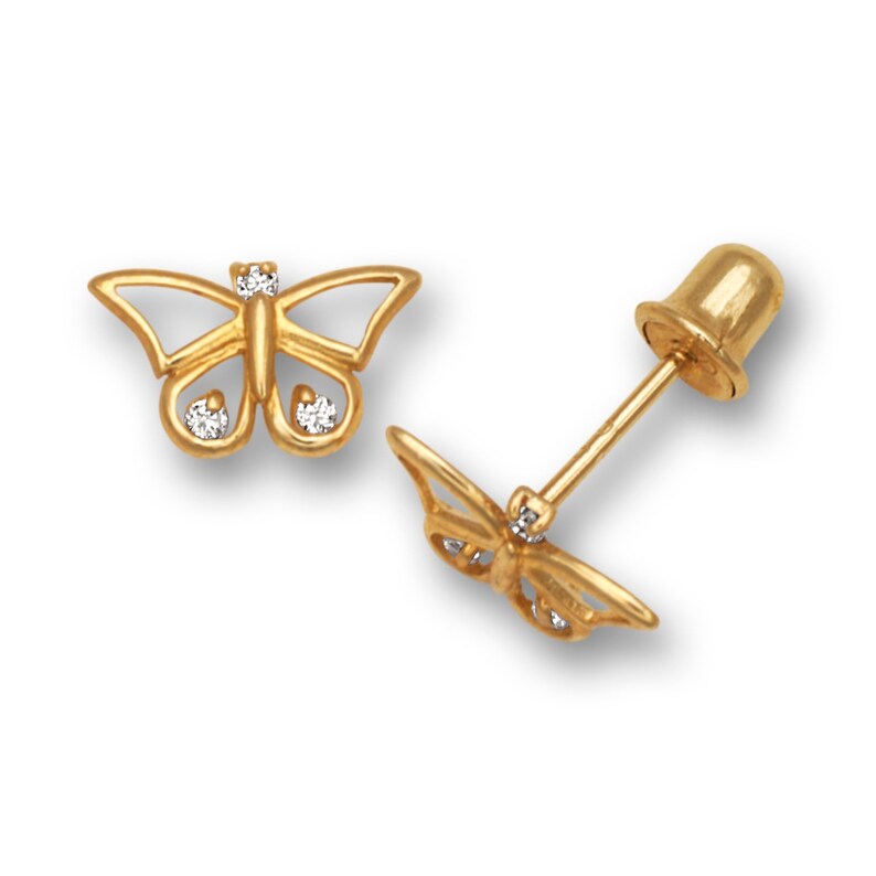 Open Heart Pave Set Ruby Child Stud Earrings Screw Back 14K Yellow Gold 6mm