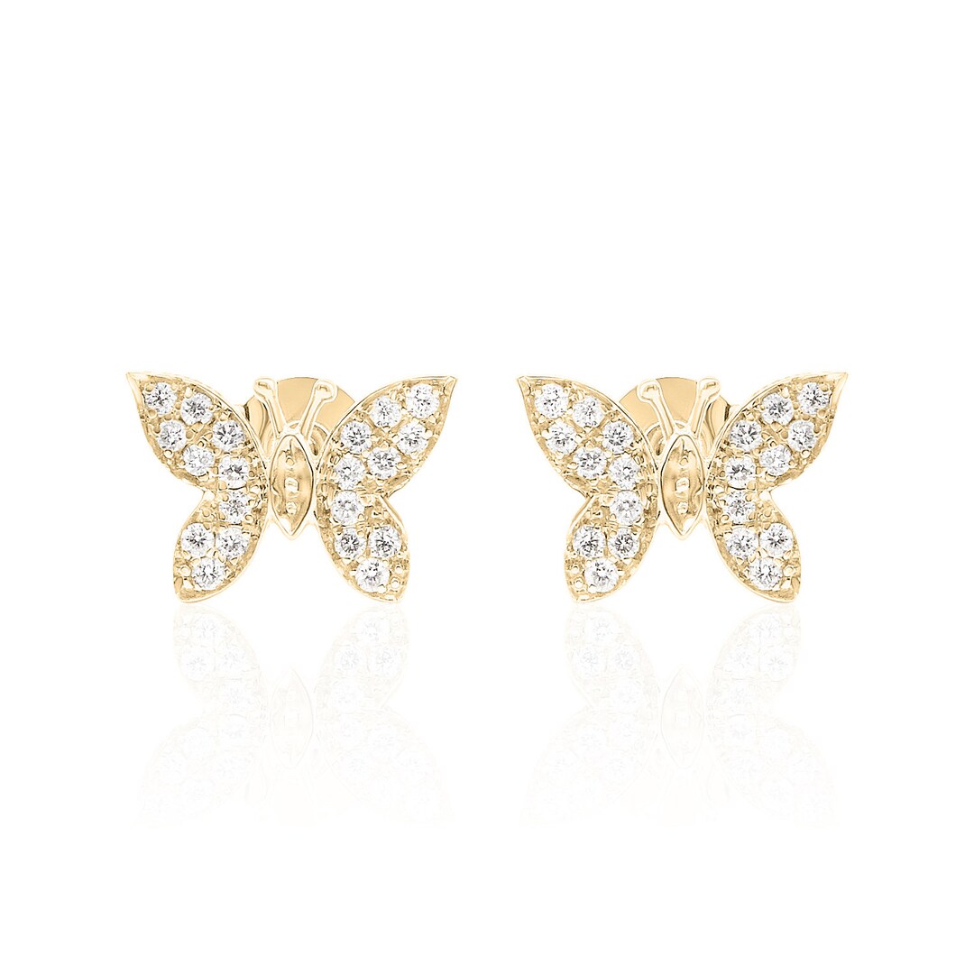 14K Solid Gold Butterfly Stud Earrings Diamond Pave - Etsy