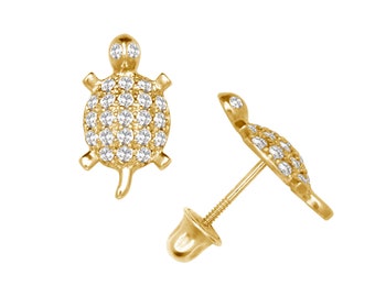 14K Gold Adorable Turtle Studs | 14K Gold Turtle earrings Set With Birthstones | Little Turtle Studs