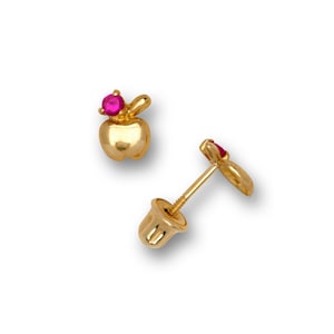 Könnte beinhalten: Ein Paar goldene Ohrringe in Apfelform mit einem rosafarbenen Edelstein in der Mitte. Die Ohrringe haben einen Schraubverschluss.