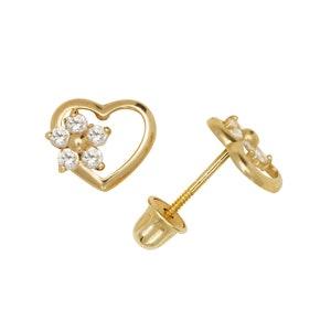 Orecchini a cuore aperto delicati in oro giallo e bianco massiccio 14K con pietre portafortuna a fiore -Screwbacks- Simpatici orecchini portafortuna a cuore in oro