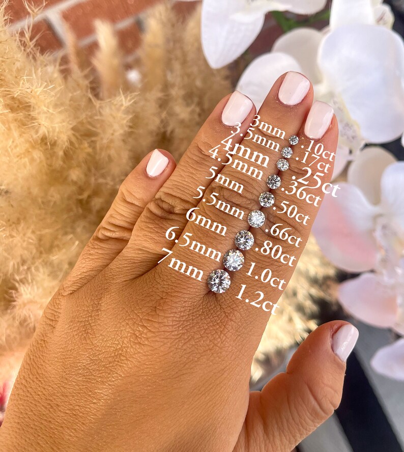 May include: A hand model wearing a ring with a diamond on each finger. The diamonds are arranged in a line from smallest to largest, with the smallest diamond being 3mm and the largest diamond being 7mm. The diamonds are labeled with their size in millimeters and their carat weight.