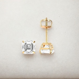 14K Gold Asscher Cut Screwback Studs | CZ or Moissanite | Available In Yellow Gold and White Gold | Hypoallergenic