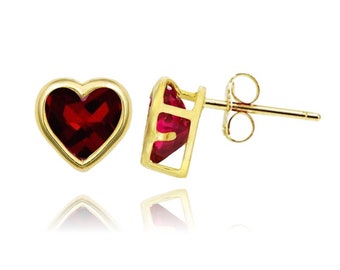 14K Solid Gold Heart Shaped Bezel Birthstone Earrings| Pushback Heart Studs | Gold Heart Studs | Bezel Studs|