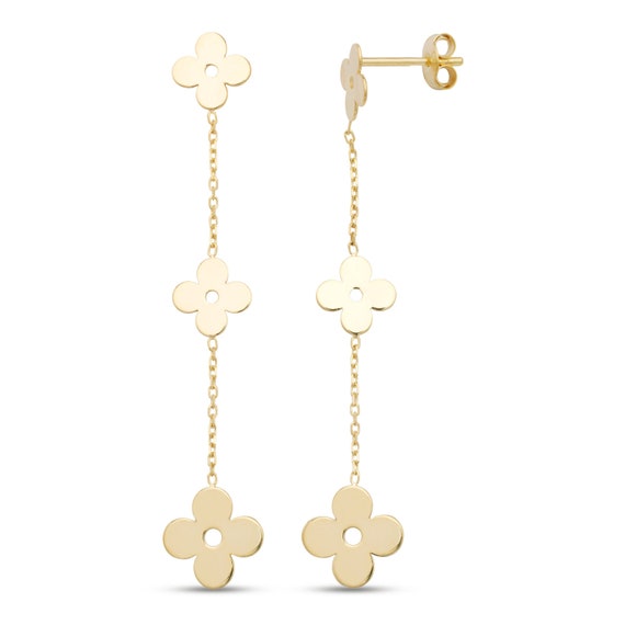 14K Solid Gold Three Graduating Four Leaf Flower Clover Dangle