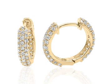 14K Gold Diamond Hoop Earrings | Pave Set Huggies