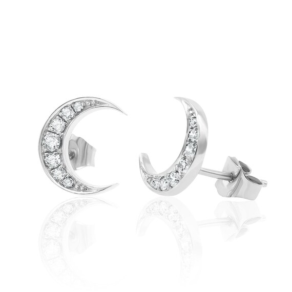 14K Solid Gold Crescent Moon Diamond Earrings | Pave Diamond