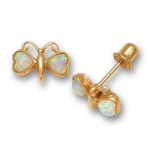 14K Solid Gold Butterfly Opal Studs| Screw back Girls Studs | Girls Butterfly Earrings | 14K Gold Kids Jewelry