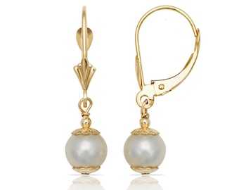 14k Solid Yellow Gold Genuine Pearl Ball Leverback Earrings. Pearl Earrings. Leverback Earrings. Free Shipping