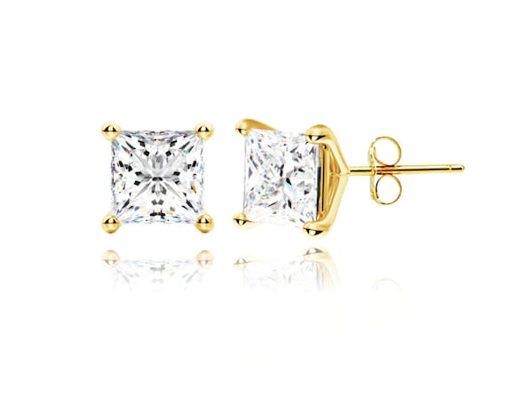 Gorgeous Solid 14K White Gold Princess Cut CZ Solitaire Earrings - Real Gold, Clear CZ, Push Back