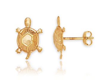 14K Solid Gold Adorable Turtle Stud Earrings | Turtle Stamp Pushback Studs | 8x12 Turtle Animal Earrings