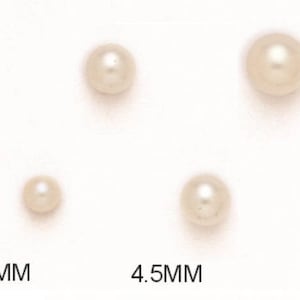 May include: A collection of lustrous, off-white pearls in varying sizes. The image displays pearls measuring 3.5MM, 4.5MM, and 5.5MM. The pearls are round and have a smooth, reflective surface, suggesting a classic jewelry theme.