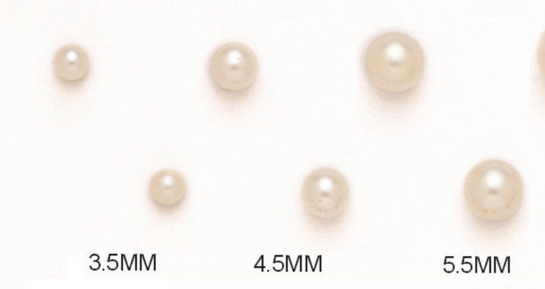 May include: A collection of lustrous, off-white pearls in varying sizes. The image displays pearls measuring 3.5MM, 4.5MM, and 5.5MM. The pearls are round and have a smooth, reflective surface, suggesting a classic jewelry theme.