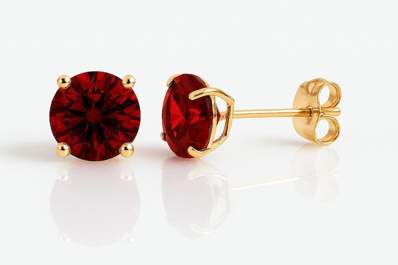 14K Solid Gold Round Cut Birthstone Basket Set Earrings| Pushbacks Birthstone Studs | 3mm 4mm 5mm 6mm | Garnet | Ruby | Sapphire | Emerald